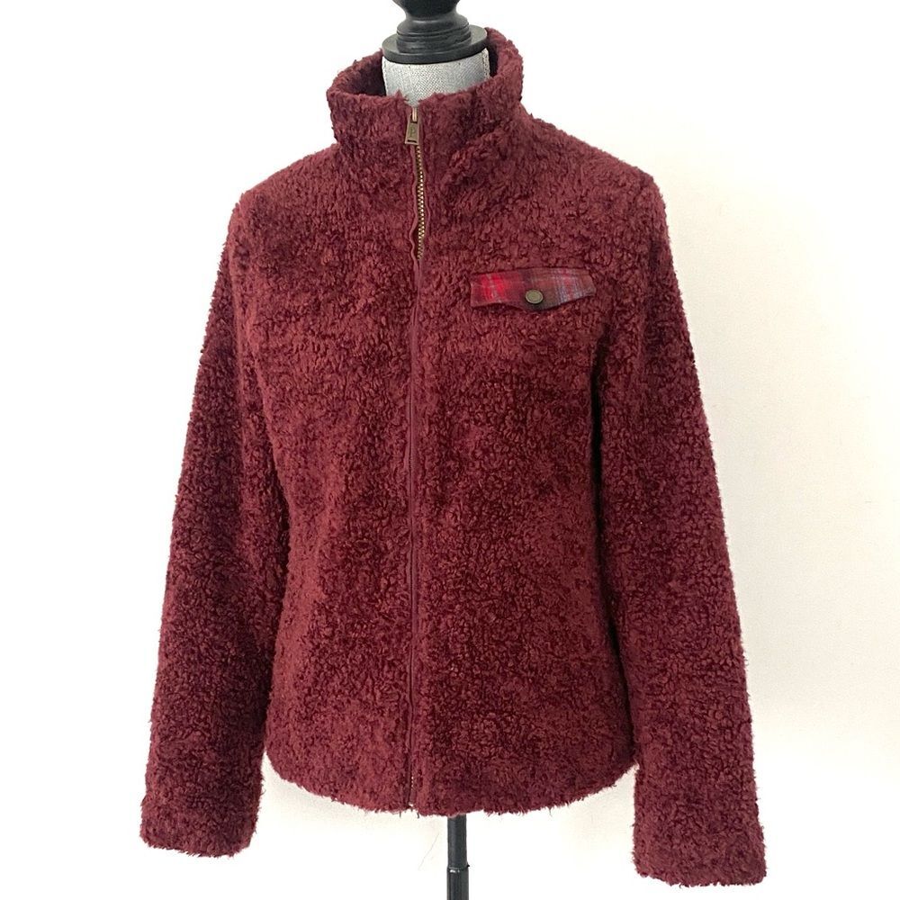 Pendleton Women’s Full- Zip Burgundy Wool Blend Teddy Jacket Sz S Plaid Outdoor